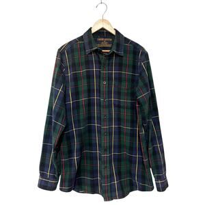 Vintage Men's Scotch Plaid Flannel Button Up Shirt Green Navy 90s Cotton Sz M